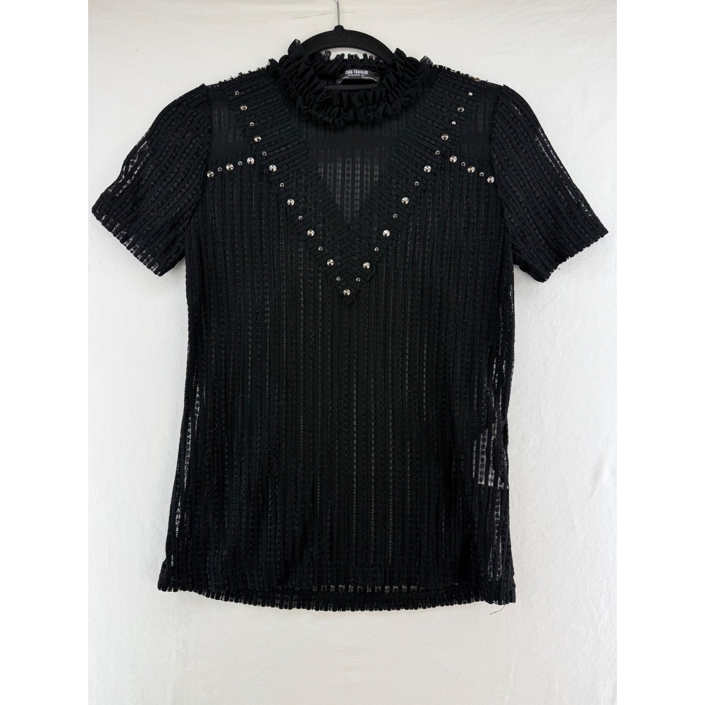 Zara‎ Trafaluc Black Sheer Striped Lace Studded Ruffle Neck Top Medium